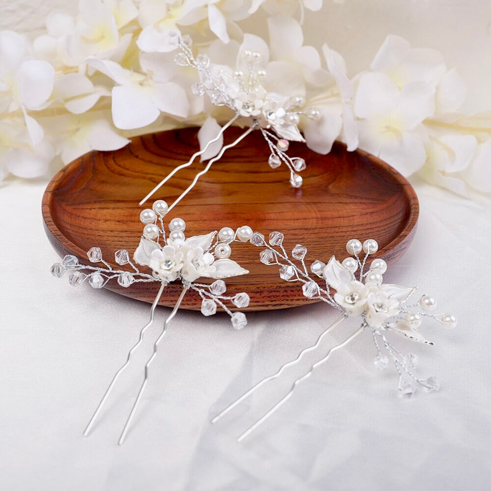 Betty - Ceramic Flowers and Pearls Bridal Hair Pin