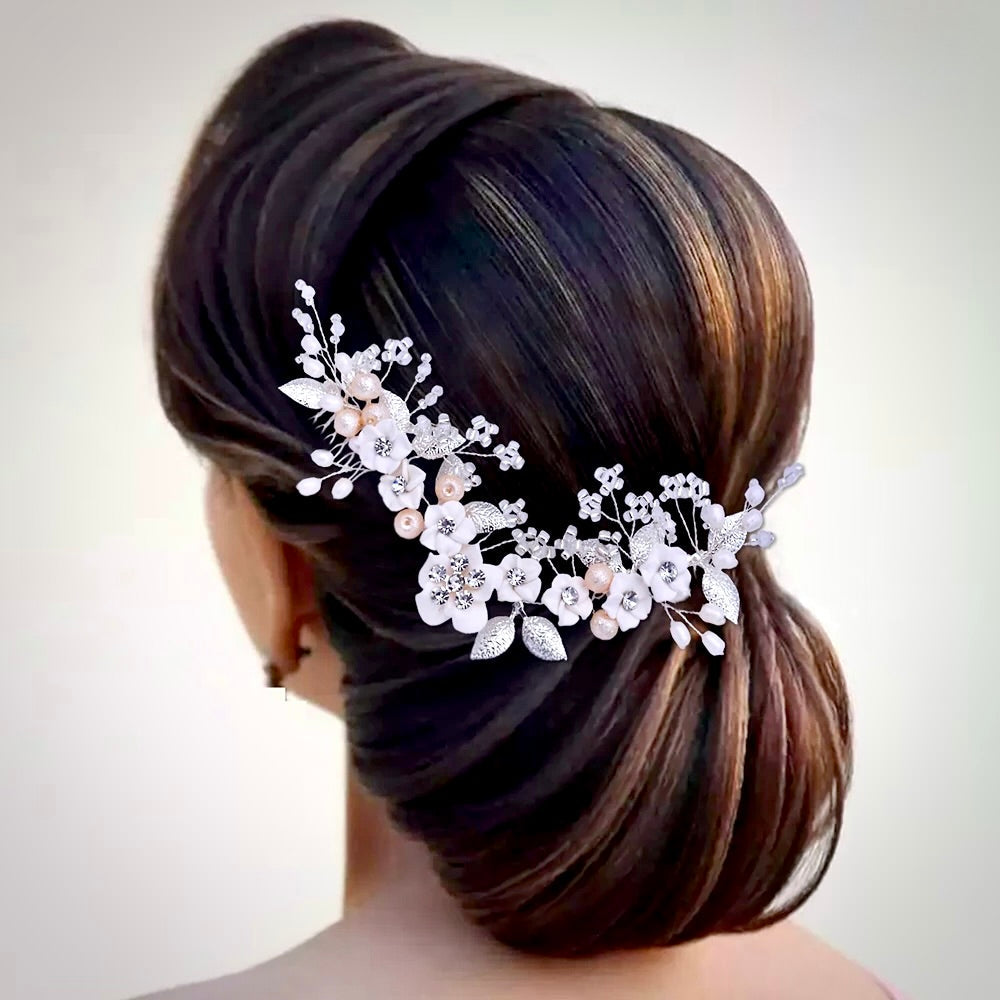 Loire - Ceramic Flowers Bridal Headband / Hair Vine - Available in Gold and Silver