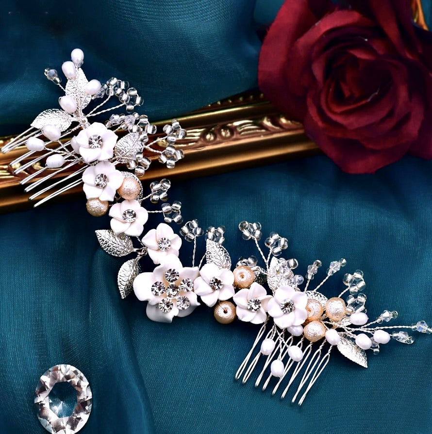 Loire - Ceramic Flowers Bridal Headband / Hair Vine - Available in Gold and Silver