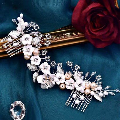 Loire - Ceramic Flowers Bridal Headband / Hair Vine - Available in Gold and Silver