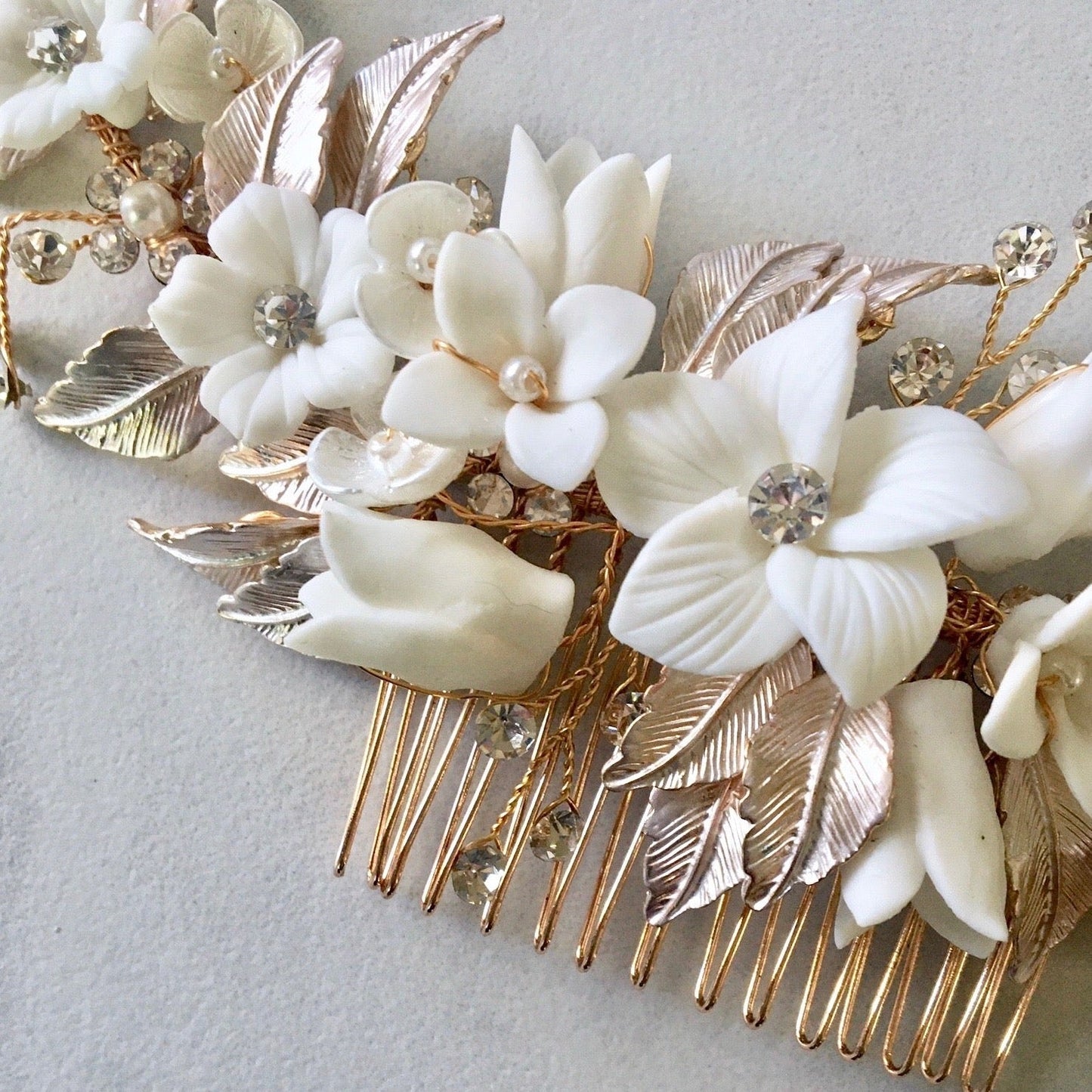 Priscilla - Ceramic Flowers Bridal Hair Comb / Vine - Available in Rose Gold, Silver and Yellow Gold