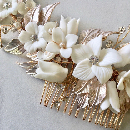 Priscilla - Ceramic Flowers Bridal Hair Comb / Vine - Available in Rose Gold, Silver and Yellow Gold