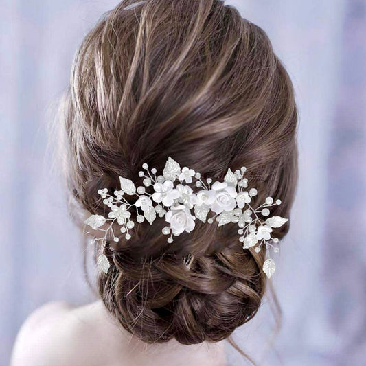 Khalia - Pearl and Ceramic Flowers Bridal Hair Vine