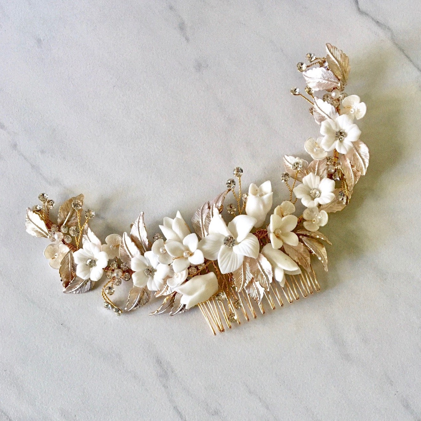 Priscilla - Ceramic Flowers Bridal Hair Comb / Vine - Available in Rose Gold, Silver and Yellow Gold