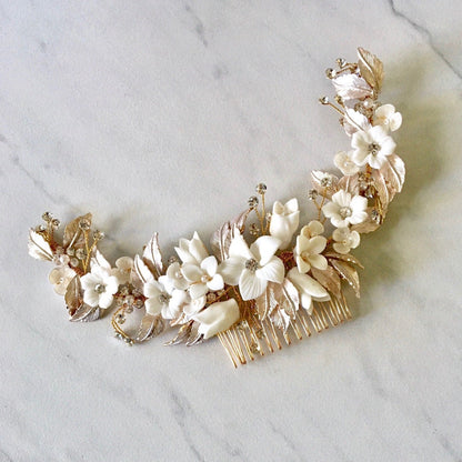 Priscilla - Ceramic Flowers Bridal Hair Comb / Vine - Available in Rose Gold, Silver and Yellow Gold