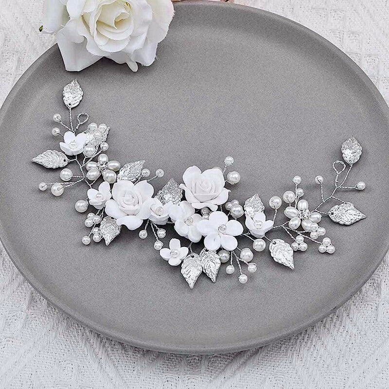Khalia - Pearl and Ceramic Flowers Bridal Hair Vine