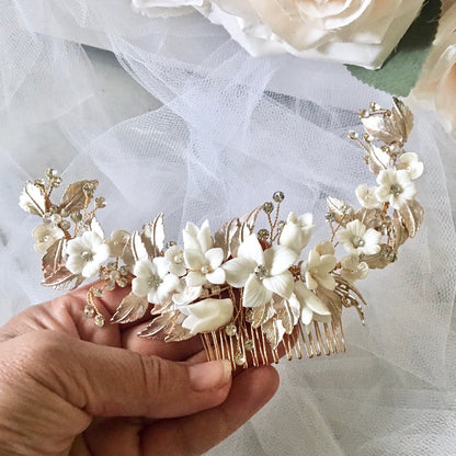 Priscilla - Ceramic Flowers Bridal Hair Comb / Vine - Available in Rose Gold, Silver and Yellow Gold