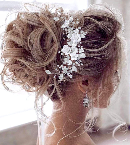 Khalia - Pearl and Ceramic Flowers Bridal Hair Vine