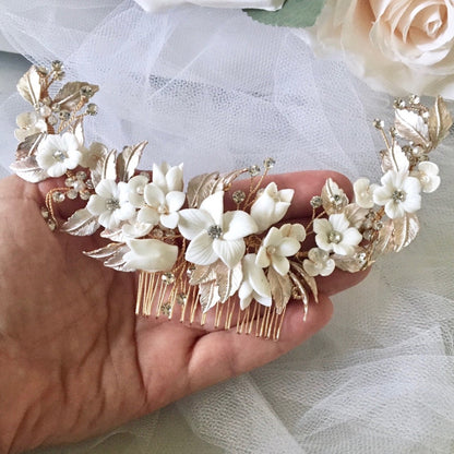 Priscilla - Ceramic Flowers Bridal Hair Comb / Vine - Available in Rose Gold, Silver and Yellow Gold
