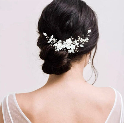 Khalia - Pearl and Ceramic Flowers Bridal Hair Vine