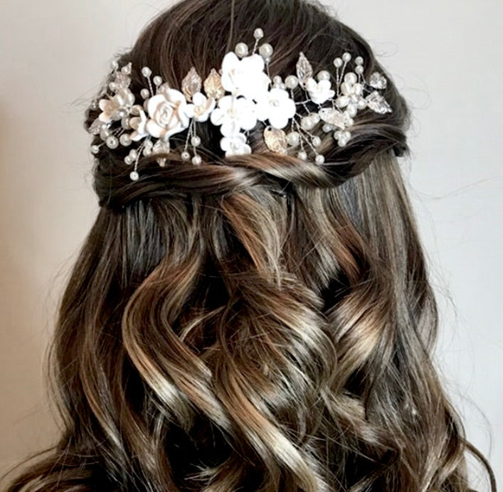 Khalia - Pearl and Ceramic Flowers Bridal Hair Vine