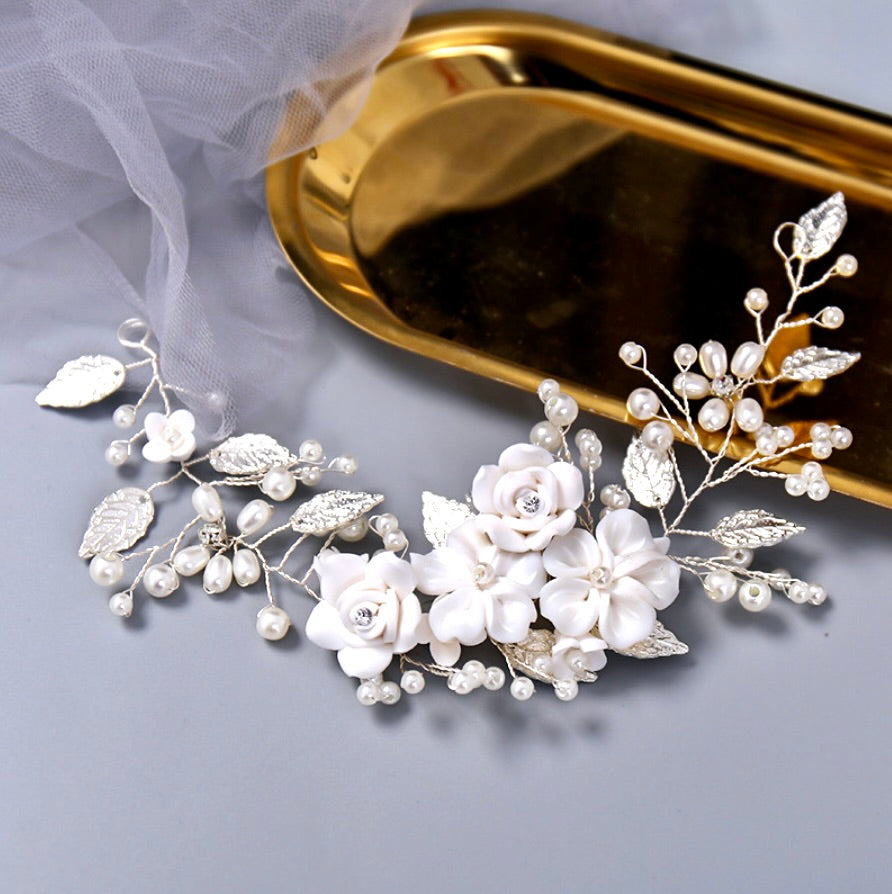 Khalia - Pearl and Ceramic Flowers Bridal Hair Vine