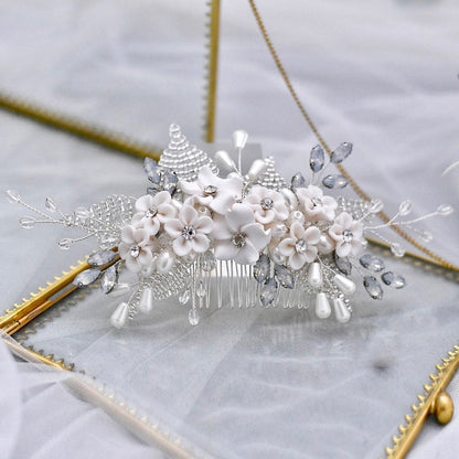 "Yolanda" - Ceramic Flowers and Opal Bridal Hair Comb