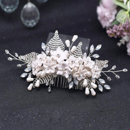 "Yolanda" - Ceramic Flowers and Opal Bridal Hair Comb