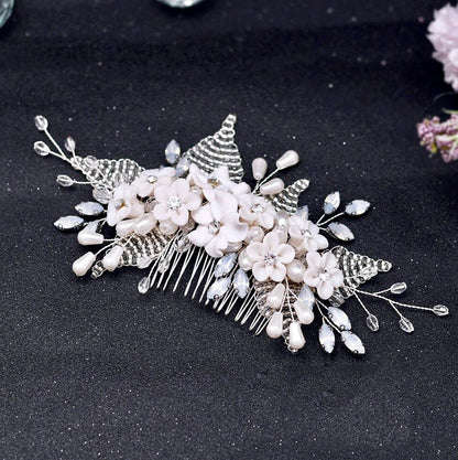 "Yolanda" - Ceramic Flowers and Opal Bridal Hair Comb