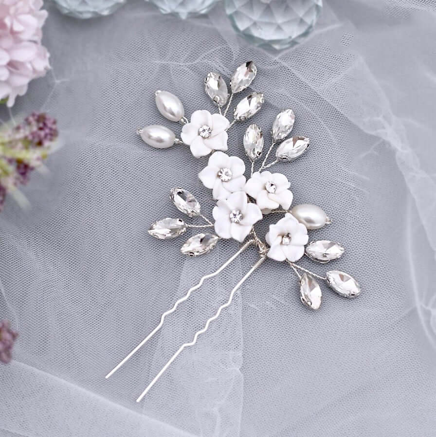 Abranna - Ceramic Flowers and Pearls Bridal Hair Pin