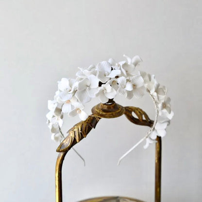 "Shiloh" - Ceramic Flowers and Pearls Bridal Headband - Available in Silver and Gold