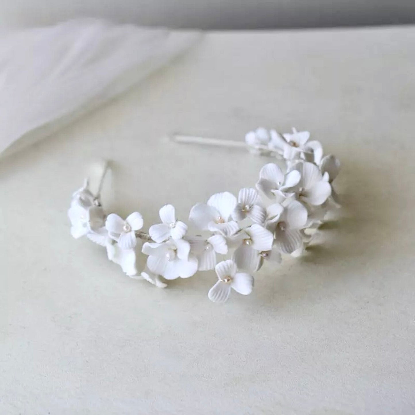 "Shiloh" - Ceramic Flowers and Pearls Bridal Headband - Available in Silver and Gold