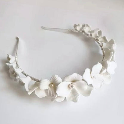 "Shiloh" - Ceramic Flowers and Pearls Bridal Headband - Available in Silver and Gold