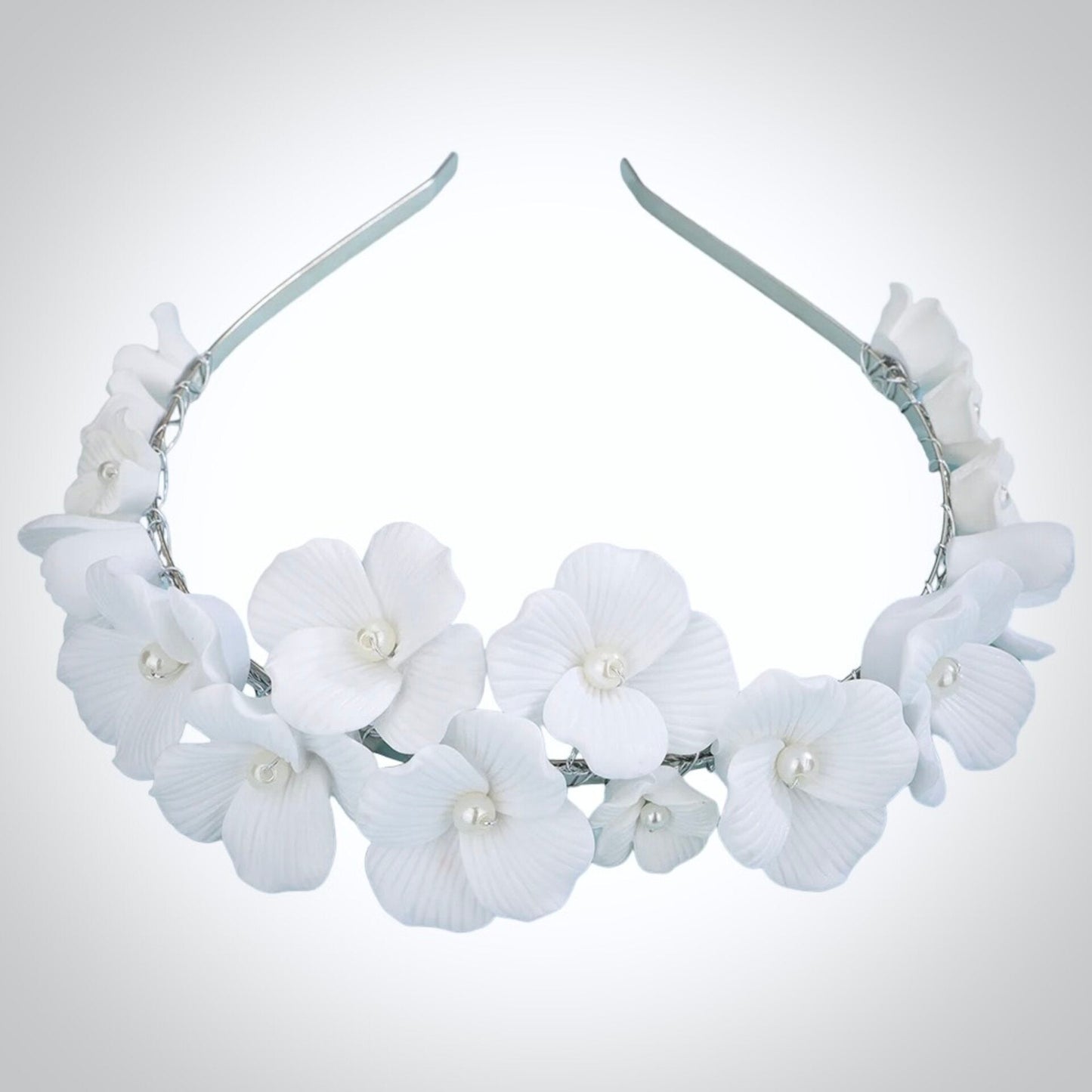 "Shiloh" - Ceramic Flowers and Pearls Bridal Headband - Available in Silver and Gold