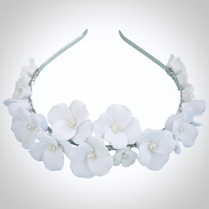"Shiloh" - Ceramic Flowers and Pearls Bridal Headband - Available in Silver and Gold