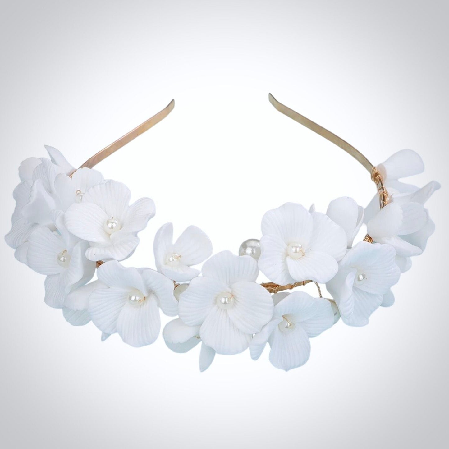 "Shiloh" - Ceramic Flowers and Pearls Bridal Headband - Available in Silver and Gold