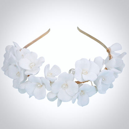 "Shiloh" - Ceramic Flowers and Pearls Bridal Headband - Available in Silver and Gold