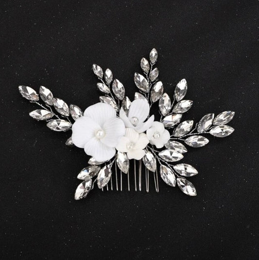"Avianna" - Ceramic Flower Bridal Hair Comb - Available in Silver, Rose Gold and Yellow Gold