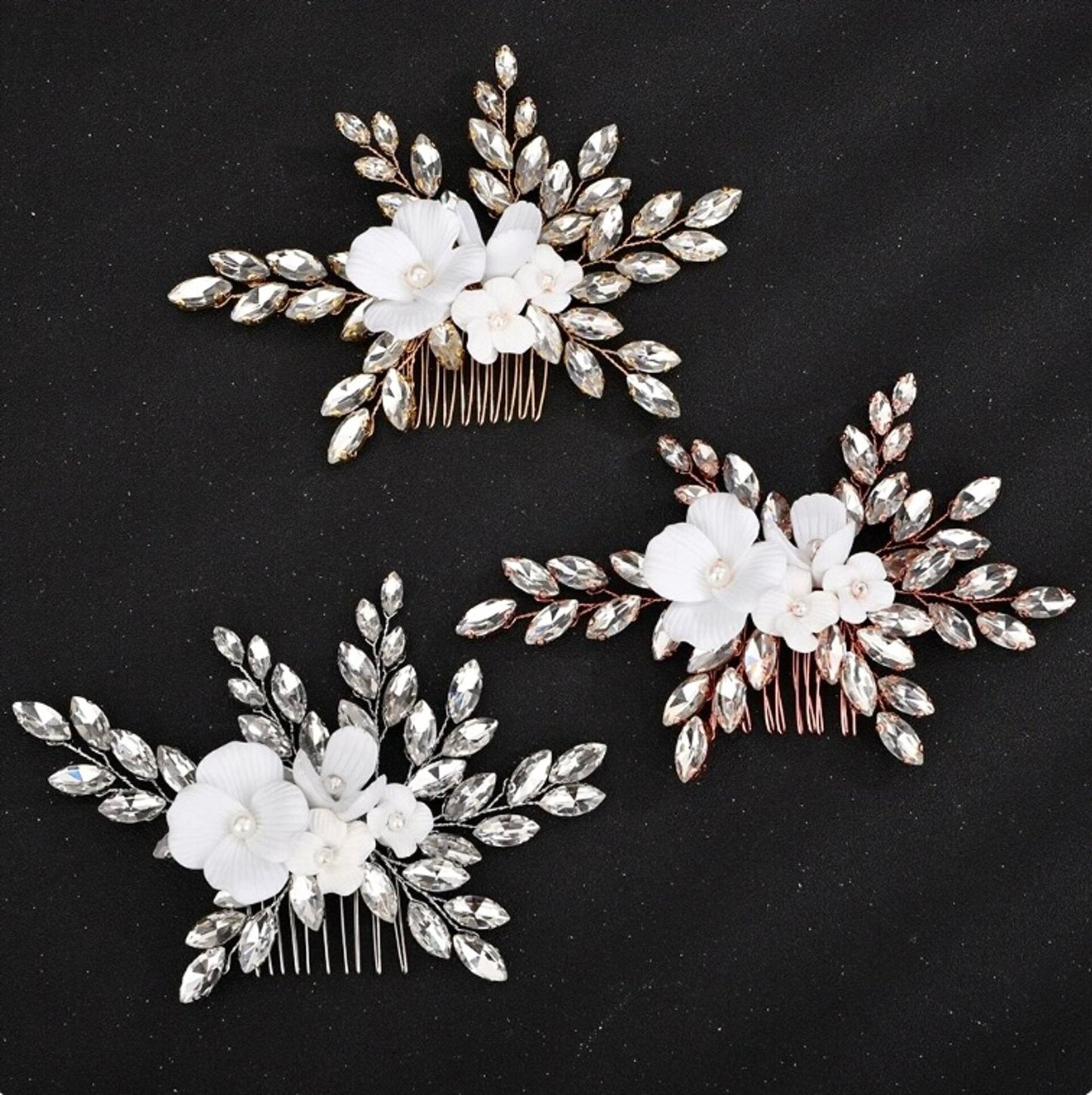 "Avianna" - Ceramic Flower Bridal Hair Comb - Available in Silver, Rose Gold and Yellow Gold