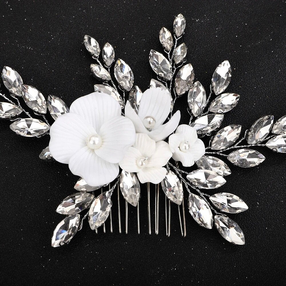 "Avianna" - Ceramic Flower Bridal Hair Comb - Available in Silver, Rose Gold and Yellow Gold