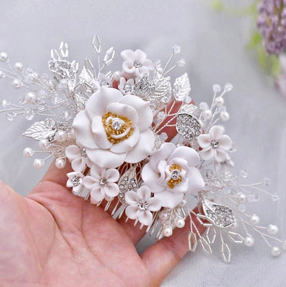 Eline - Ceramic Flower Bridal Hair Comb