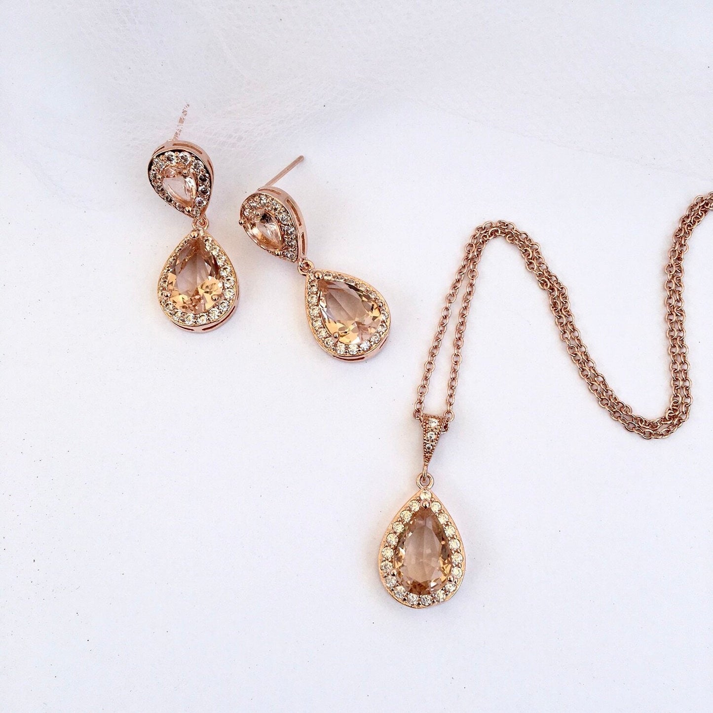 Rowena - Champagne CZ Bridal Jewelry Set - Available in Silver, Rose Gold and Yellow Gold