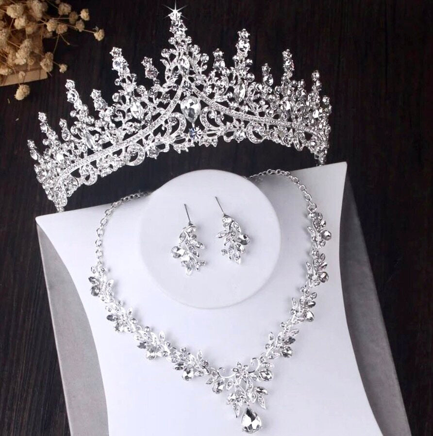Gayle - Silver Cubic Zirconia 3-Piece Bridal Jewelry Set With Tiara