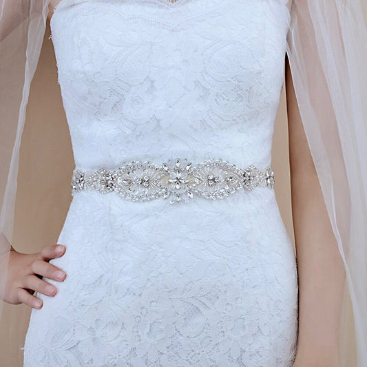 Darcy - Silver Crystal and Pearl Bridal Belt/Sash