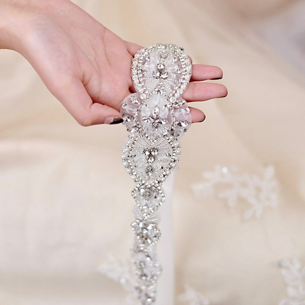 Darcy - Silver Crystal and Pearl Bridal Belt/Sash