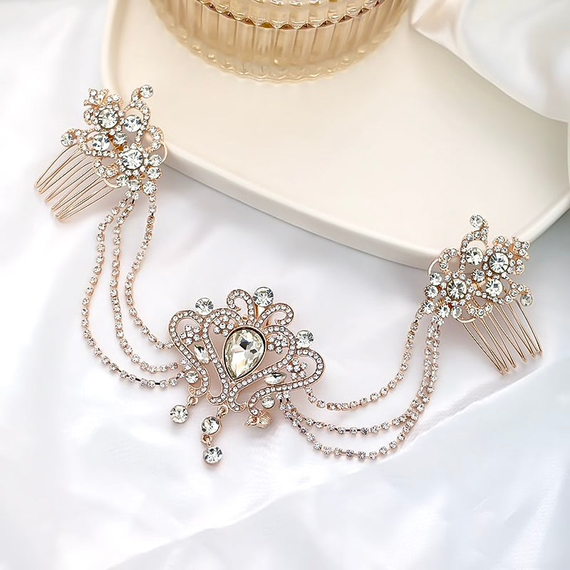 "Laurette" - Art Deco Style Crystal Bridal Hair Drape - Available in Yellow Gold, Silver and Rose Gold