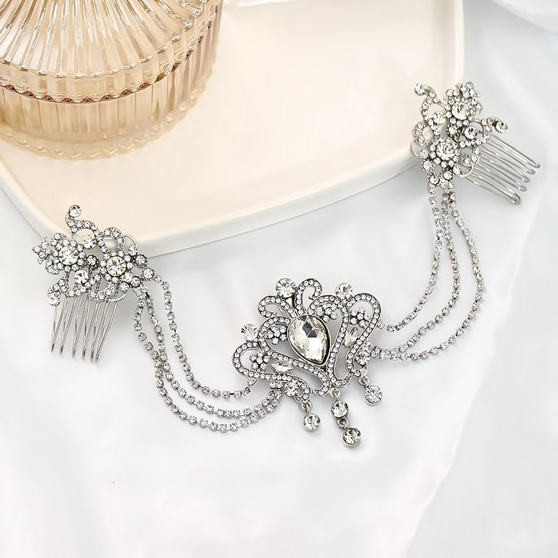 "Laurette" - Art Deco Style Crystal Bridal Hair Drape - Available in Yellow Gold, Silver and Rose Gold