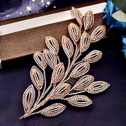Dayra - Crystal Leaf Bridal Headdress - Available in Silver and Gold