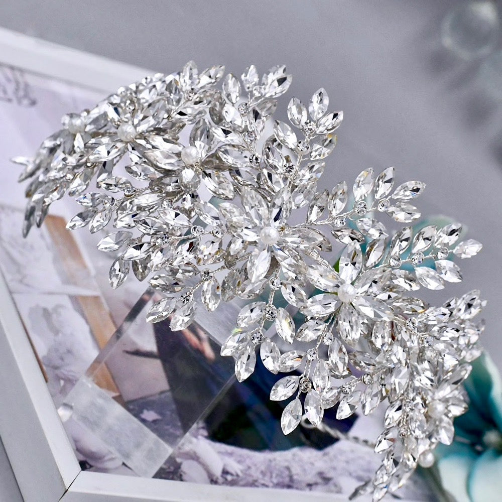 Belladonna - Silver Cubic Zirconia and Pearl Bridal Hair Accessory