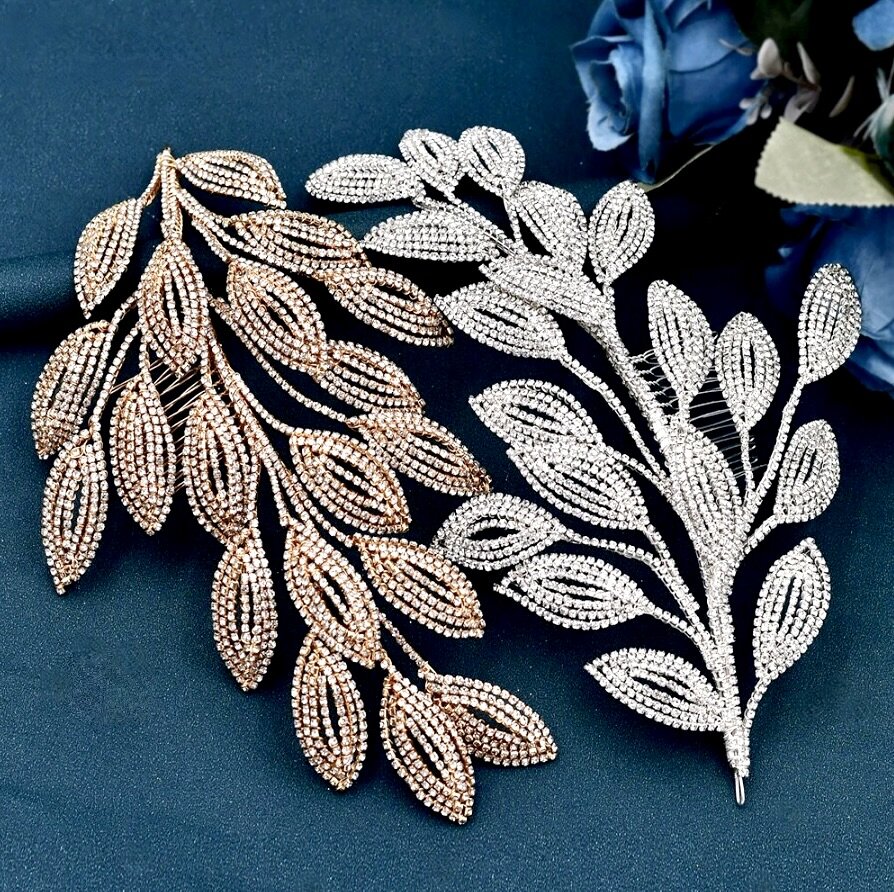 Dayra - Crystal Leaf Bridal Headdress - Available in Silver and Gold