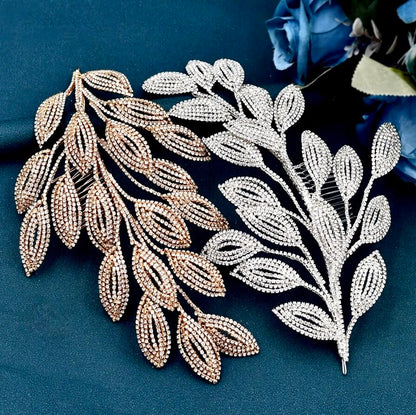 Dayra - Crystal Leaf Bridal Headdress - Available in Silver and Gold