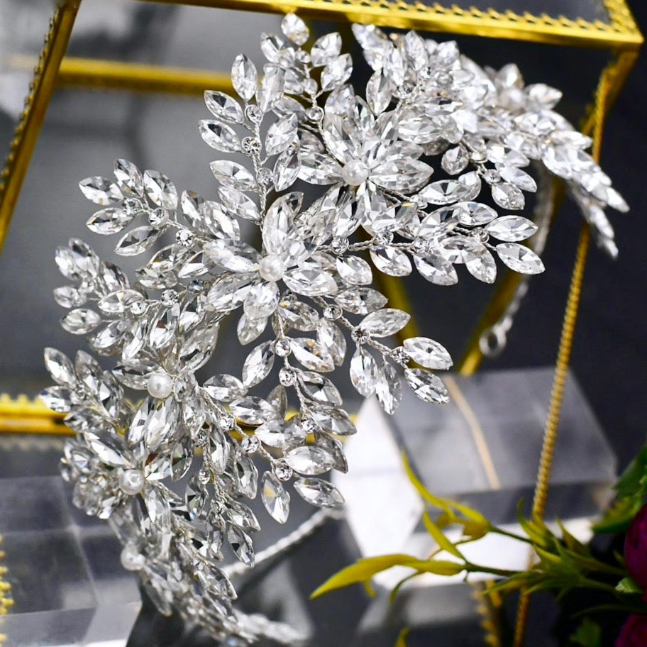 Belladonna - Silver Cubic Zirconia and Pearl Bridal Hair Accessory