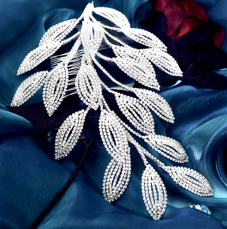 Dayra - Crystal Leaf Bridal Headdress - Available in Silver and Gold