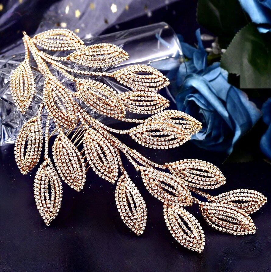 Dayra - Crystal Leaf Bridal Headdress - Available in Silver and Gold