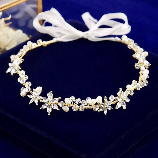 Marianne - Crystal and Pearl Bridal Headband - Available in Gold and Silver