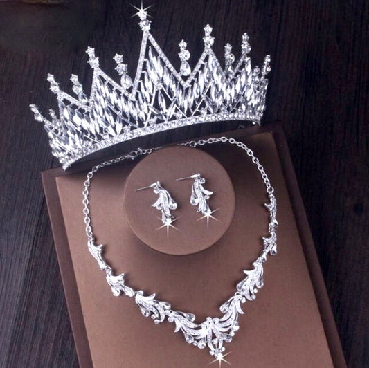 "Taline" - Silver Cubic Zirconia 3-Piece Bridal Jewelry Set With Tiara