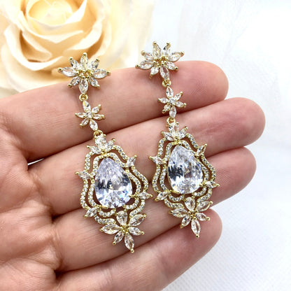 Abby - Cubic Zirconia Bridal Earrings - Available in Silver and Gold