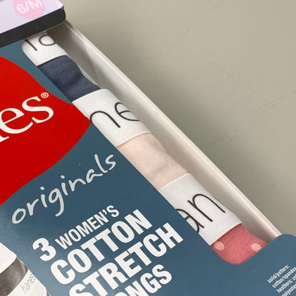 HANES 3 PACK!! Originals Women's Breathable Cotton Stretch Thongs Underwear Sz 6/M Blue/Buff/Pink 45OUBT