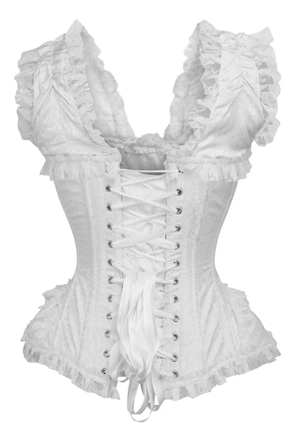 Top Drawer White Brocade & Lace Steel Boned Corset w/Cap Sleeves