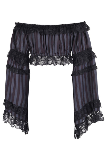 Black/Grey Striped Smocked Flare Sleeve Peasant Top